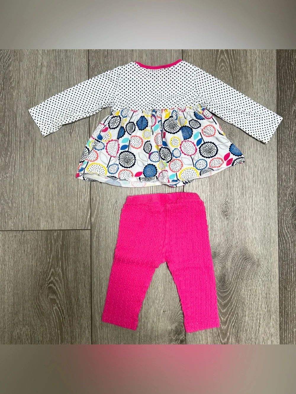 FIRST IMPRESSIONS 2PC LONG SLEEVE TOP AND RIBBED LEGGINGS OUTFIT PINK DOTS 6-9MO
